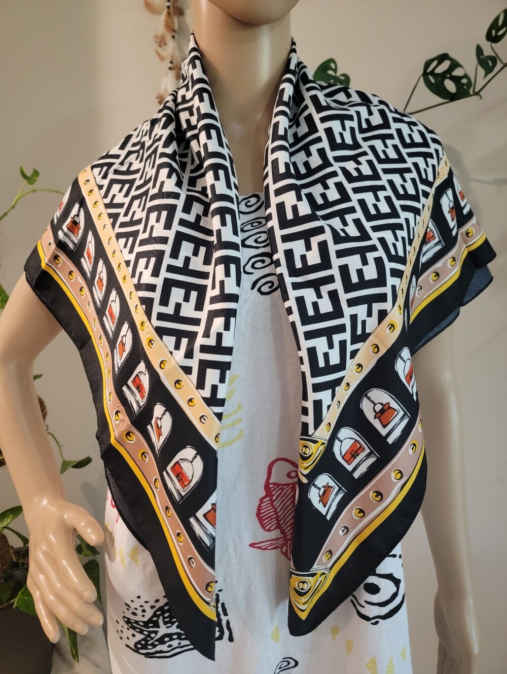Black & White Geometric Women's Scarf with Yellow Trim